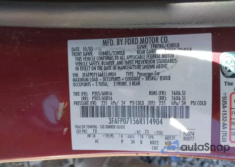 2006 Ford Fusion Se z USA, uszkodzony, nr VIN 3FAFP07156R114904